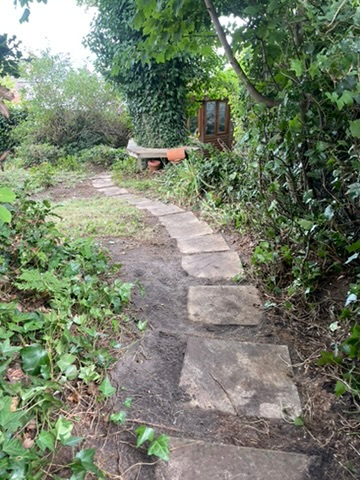 Stepping stones leading down to the bench